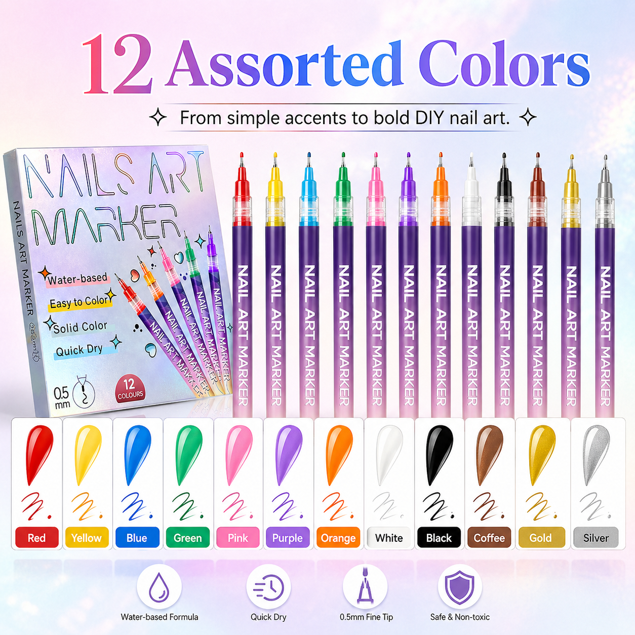 PTZ 12-Color Nail Art Marker Set - Quick-Drying Acrylic Pens for DIY Manicures - Image 2