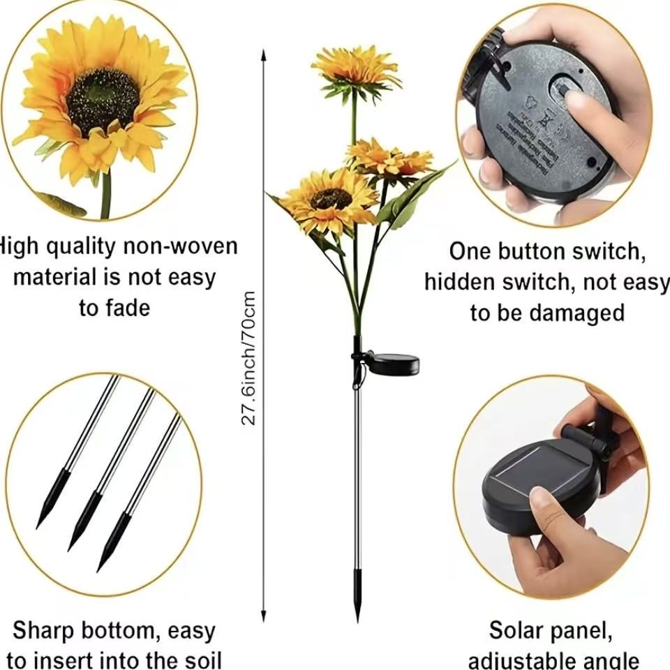 PTZ Solar Powered LED Sunflower Garden Lights - Realistic Nighttime Glow - Image 3